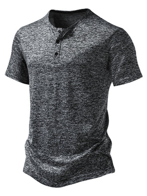 Men's dark gray mélange cotton short sleeve slim fit henley tee with curved hem.