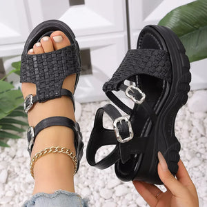 Black woven texture high wedge sandals with adjustable buckles and chunky heel.