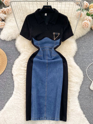 Buttoned denim patchwork bodycon dress with collared neckline and chain detail.