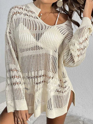 Beige open-knit beach cover-up with V-neck, long sleeves, and slit hem.