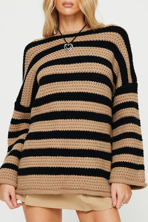Chunky knit sweater with black and khaki stripes, boat neck, and long sleeves.