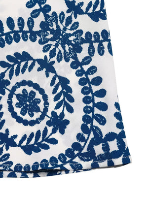 Vibrant Medallion Halter Maxi Dress in blue and white, featuring a detailed medallion print and comfortable fabric.