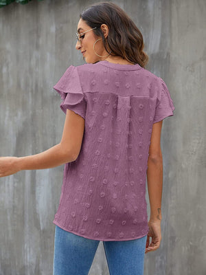 Textured voile blouse in Lilac with flutter sleeves and dotted pattern.
