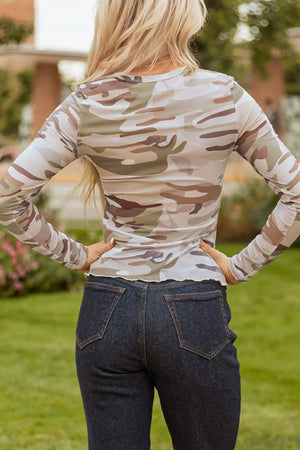 Western Camo Print Mesh Long Sleeve Top in Green Camouflage, side view