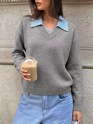 Contrast Collar Dropped Shoulder Sweater in Gray, front view