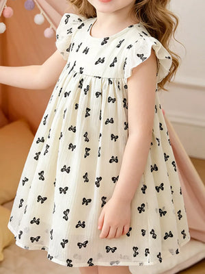 Children's Bow Print Flutter Sleeve Dress, front view