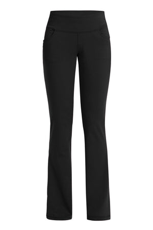 Black flare-leg performance trousers with front pockets