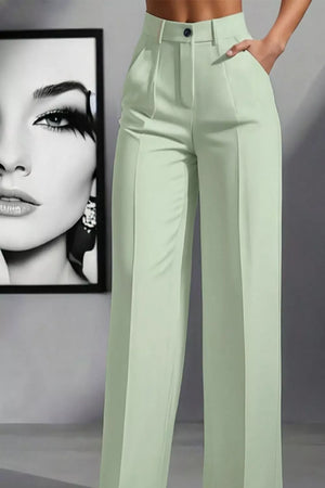 Chic high-waisted wide-leg trousers in Gum Leaf green with a button closure and pleats.