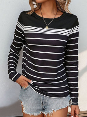 Black and white striped crew neck tee with long sleeves.