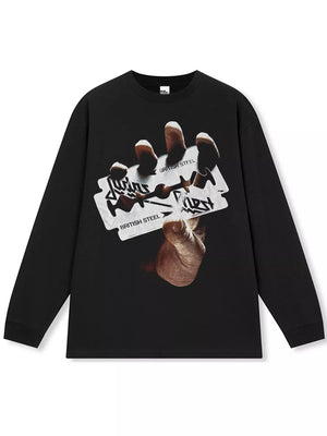 Black long sleeve tee with a graphic of a hand holding a razor blade with British Steel text.