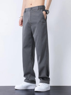 Relaxed fit gray casual pants with a subtle textured pattern and elastic waistband.