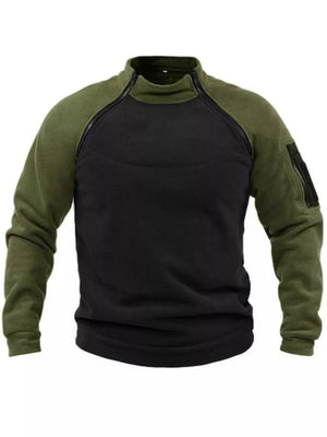 Men's two-tone fleece sweatshirt with zippered pockets and mock neck.