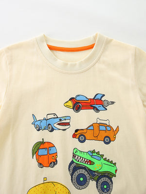 Cream cotton toddler t-shirt with whimsical vehicle print including a shark car, rocket, dog car, and monster truck.