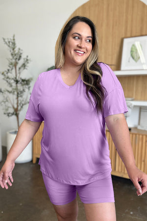 Lavender bamboo loungewear set with relaxed fit v-neck tee and biker shorts.