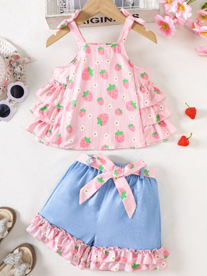 Baby strawberry print cami set with ruffled tiers and denim shorts with bow tie waist.