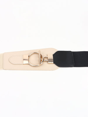 Cream and black elastic belt with gold D-ring buckle and hardware detail