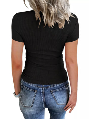 Ribbed Knit T-shirt With Button Detail in Black, side view