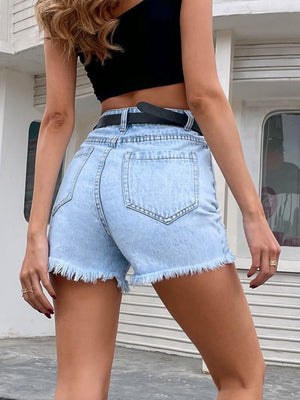 Light wash denim cutoffs with frayed hem and high rise waist.