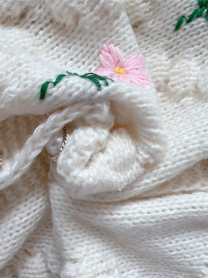 Cream bobble stitch cardigan with pink floral embroidery and pearl button detail.