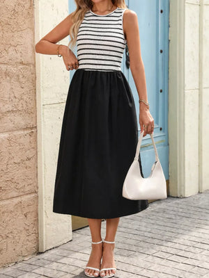 Striped Knit Tank Midi Dress in White, model styling view