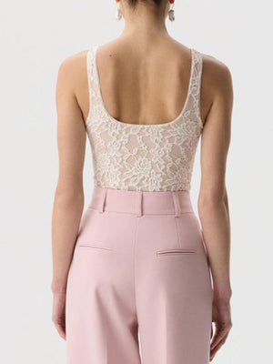 Beige sheer lace tank top with floral pattern and scoop neckline.