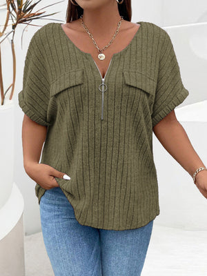 Moss ribbed knit henley with zip neck, chest pockets, and short sleeves.
