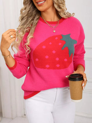 Rose red acrylic blend sweater with large strawberry graphic and crew neck.