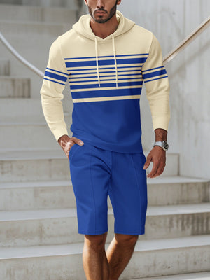 Men's blue and cream textured stripe hoodie and shorts set with drawstring.