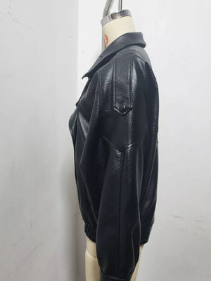 Zip-up Faux Leather Moto Jacket in Brown, fit detail
