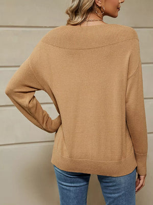 Ribbed Knit Dropped Shoulder Sweater in Light Gray, editorial view