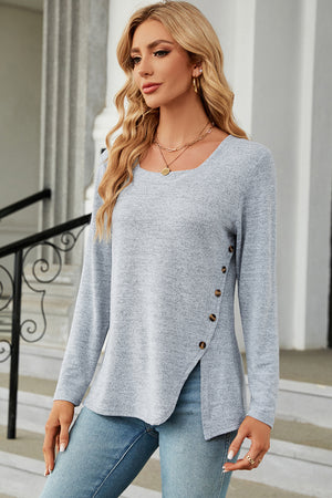 Light Blue asymmetric square neck blouse with button detail and split hem.