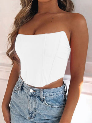 White structured corset crop top with strapless neckline and visible seams.