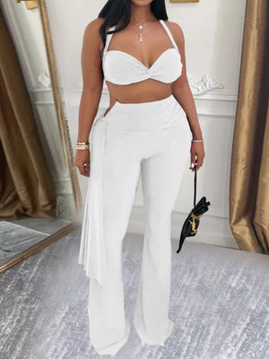 Halter Neck Top And Flare Pants Set in Black, close-up detail