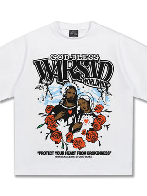 White cotton t-shirt with religious graphic art and roses.