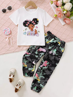 Girls' white cartoon graphic t-shirt and colorful camo cargo pants set.