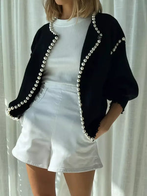 Pearl Trimmed Open Front Cardigan in White, side view