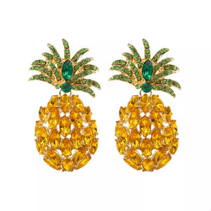 Pineapple dangle earrings with yellow and green rhinestones.