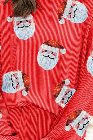 Red sequin Santa pleated co-ord set with vertical stripes.