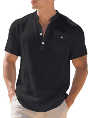 Black cotton band-collar short-sleeve shirt with button placket and chest pocket.