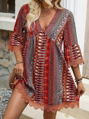 Bohemian printed red v-neck dress with bell sleeves and lace trim