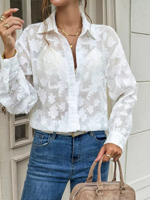Sheer Floral Button Up Shirt in White, side view