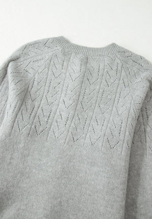 Gray lace-effect knit cardigan with chevron pattern and crew neck