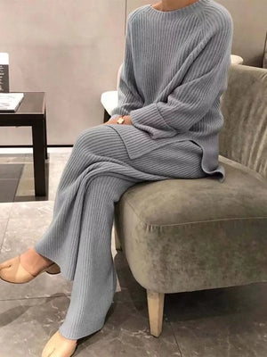 Blue ribbed knit sweater and wide leg pants set with crew neck and long sleeves.