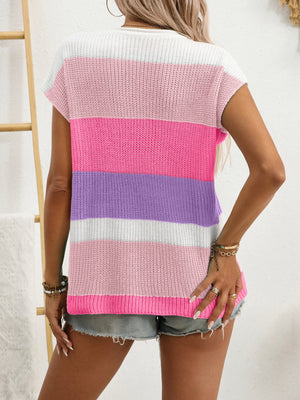 Striped knit short sleeve top with notched neckline in pink, purple, and white.