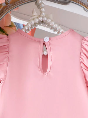 Children's Bow Puff Sleeve Dress in Pink, back view