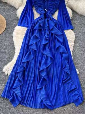 Royal Blue A-line midi dress with cascading ruffles and bell sleeves.