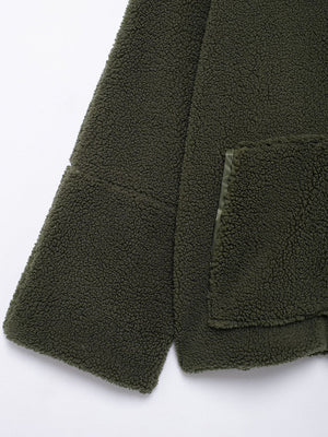 Olive green sherpa jacket with a textured fleece fabric and a patch pocket detail.