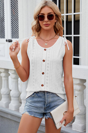 White eyelet button-down tank top with tie shoulders and scoop neck