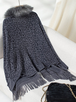 Leopard print cardigan with faux fur collar and fringe hem in dark grey.