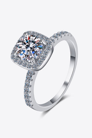Radiant square cut halo ring in silver, 925 sterling silver, with a large center stone and pave band.